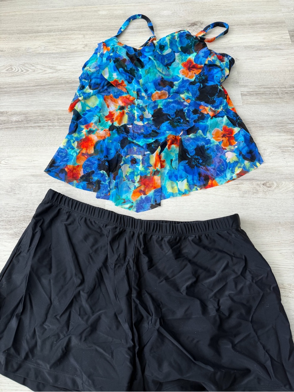 St. Tropez Blue Floral Tankini Top with Black Swim Shorts